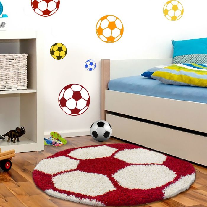 Fun Shaggy fußball kinderzimmer teppich hochflor rund Ø 120cm rot