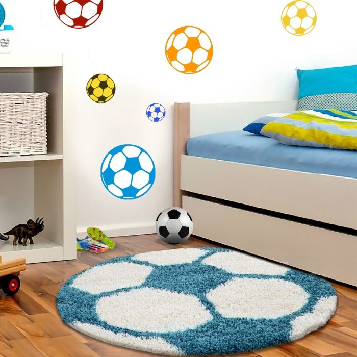 Fun Shaggy fußball kinderzimmer teppich hochflor rund Ø 120cm türkis