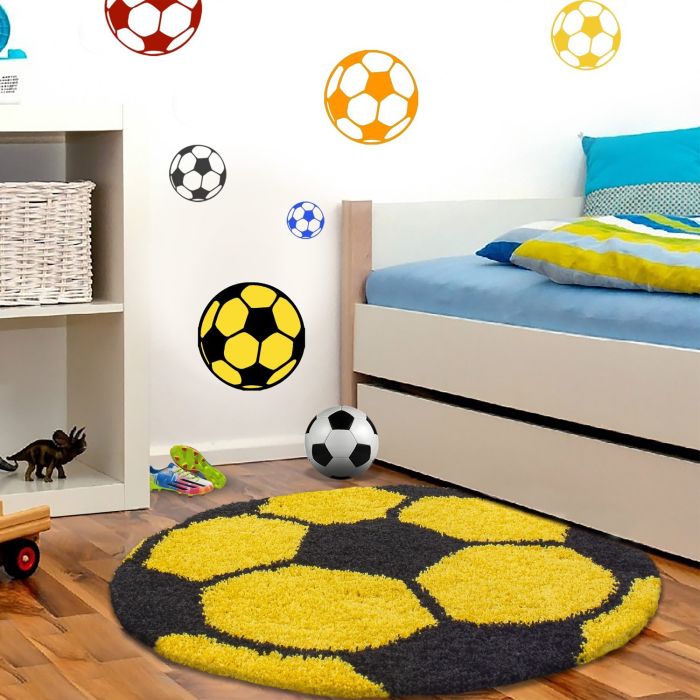 Fun Shaggy fußball kinderzimmer teppich hochflor rund Ø 120cm gelb