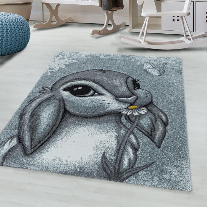 Funny Kaninchen baby kinderzimmer teppich kurzflor rund Ø 160cm blau